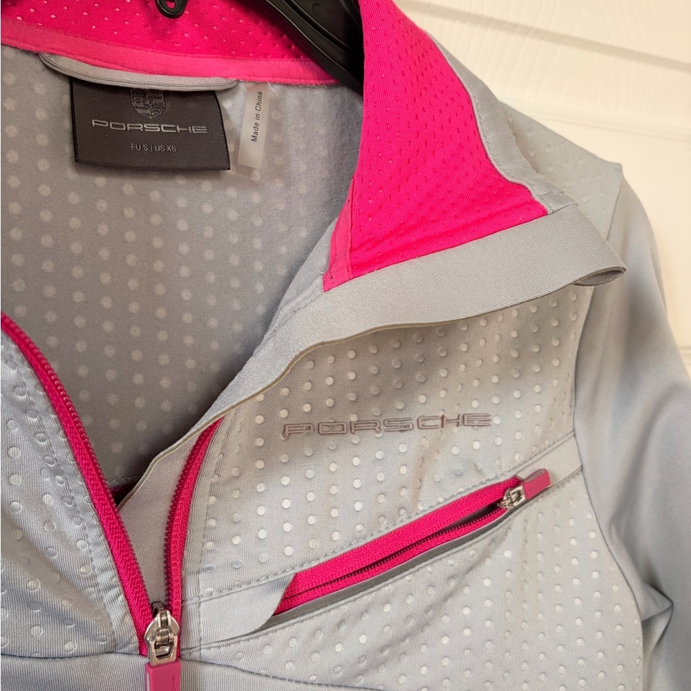 Ladies Porsche Light Gray Jacket with Bright Pink Accents